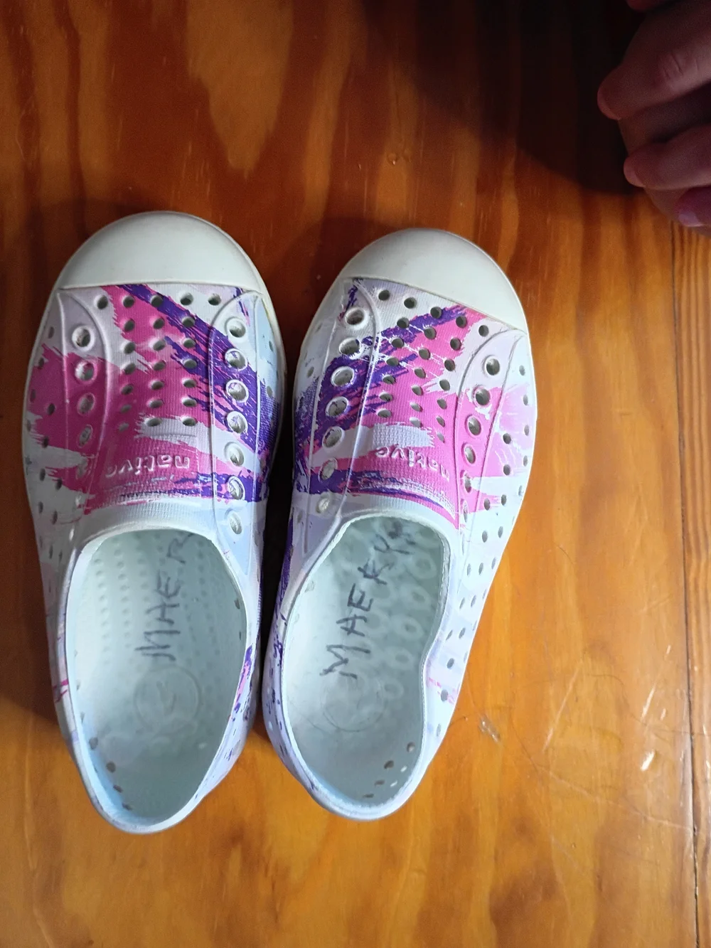 Native Kids Shoes — White with Pink & Purple Graphic Slip-On